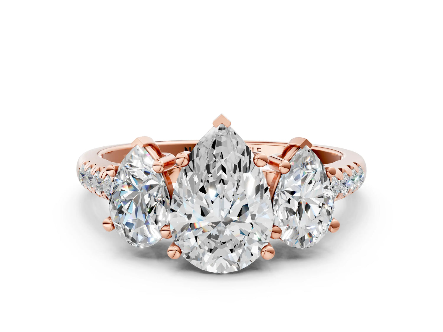Pear Cut Diamond Trellis Three-Stone Engagement Ring in Rose gold with Round Side Stones_18