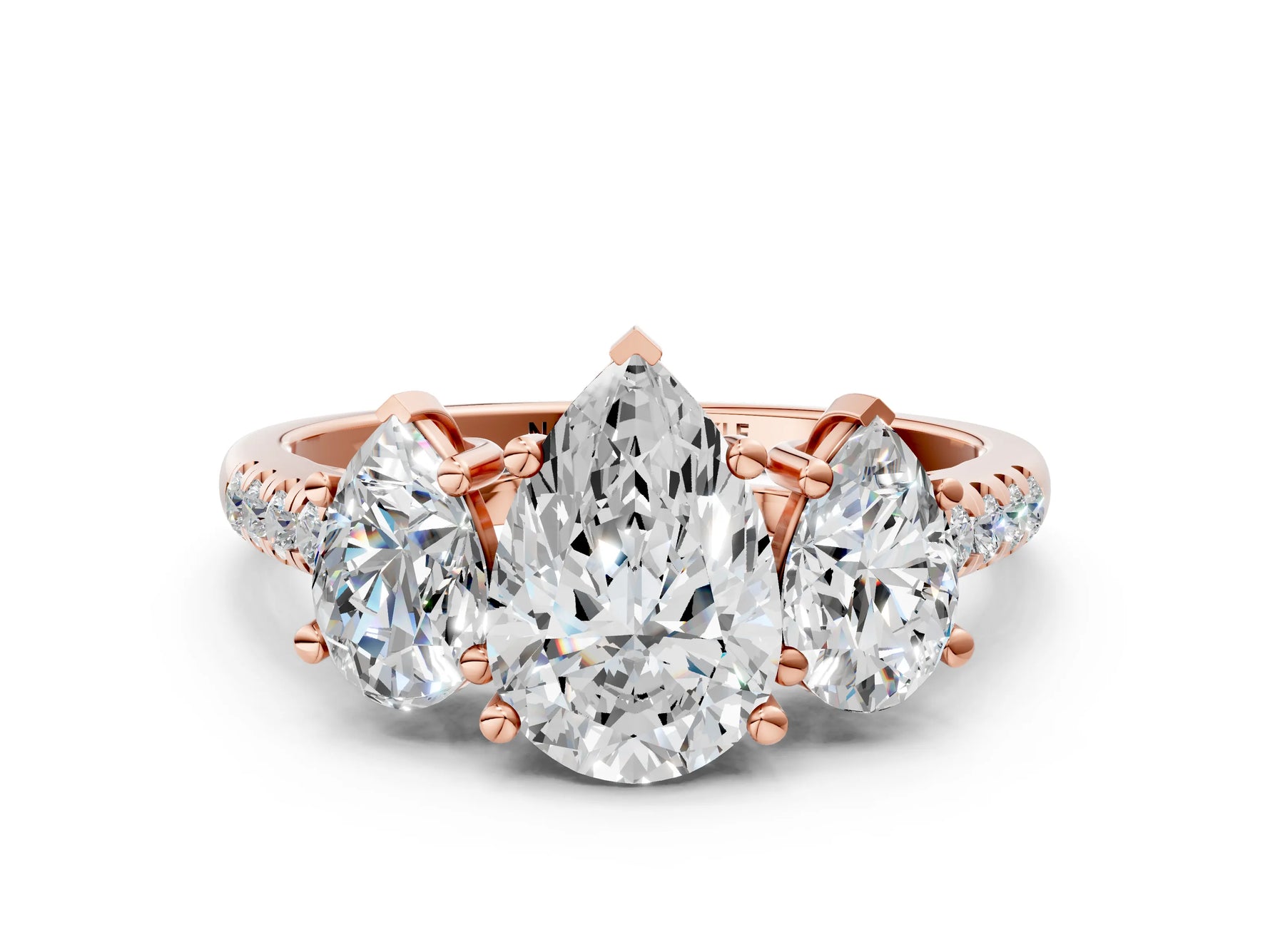 Pear Cut Diamond Trellis Three-Stone Engagement Ring in Rose gold with Round Side Stones_18