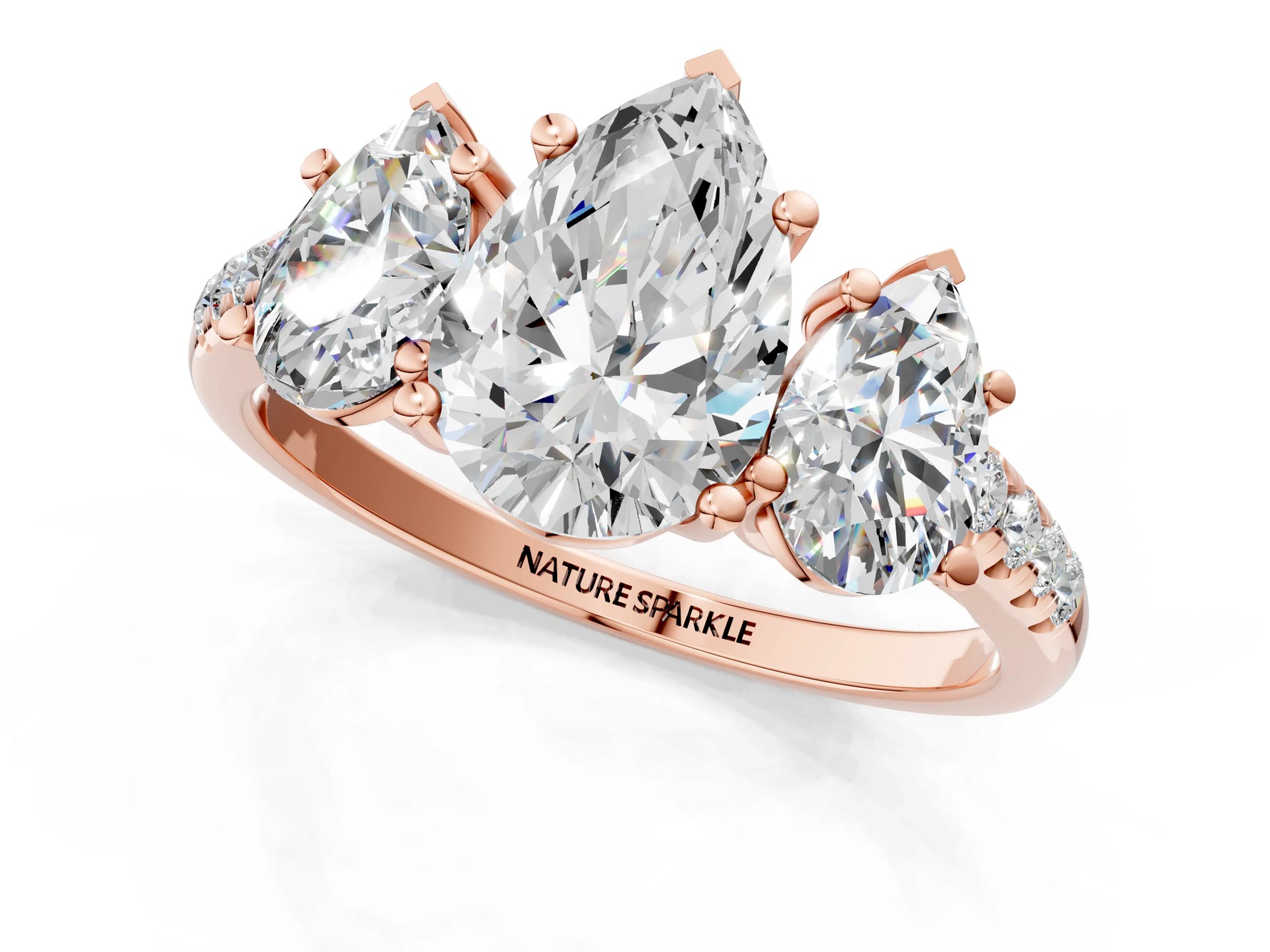 Pear Cut Diamond Trellis Three-Stone Engagement Ring in Rose gold with Round Side Stones_19