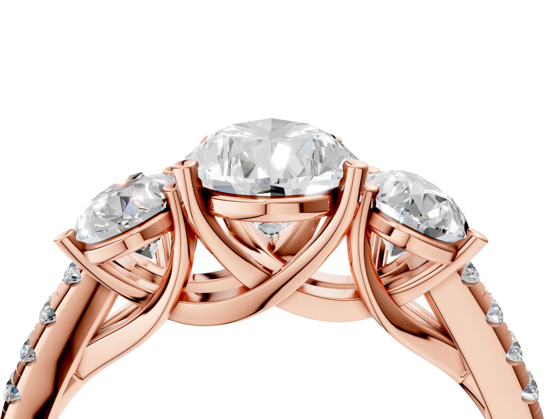 Pear Cut Diamond Trellis Three-Stone Engagement Ring in Rose gold with Round Side Stones_22