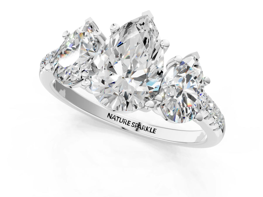 Pear Cut Diamond Trellis Three-Stone Engagement Ring in White gold with Round Side Stones