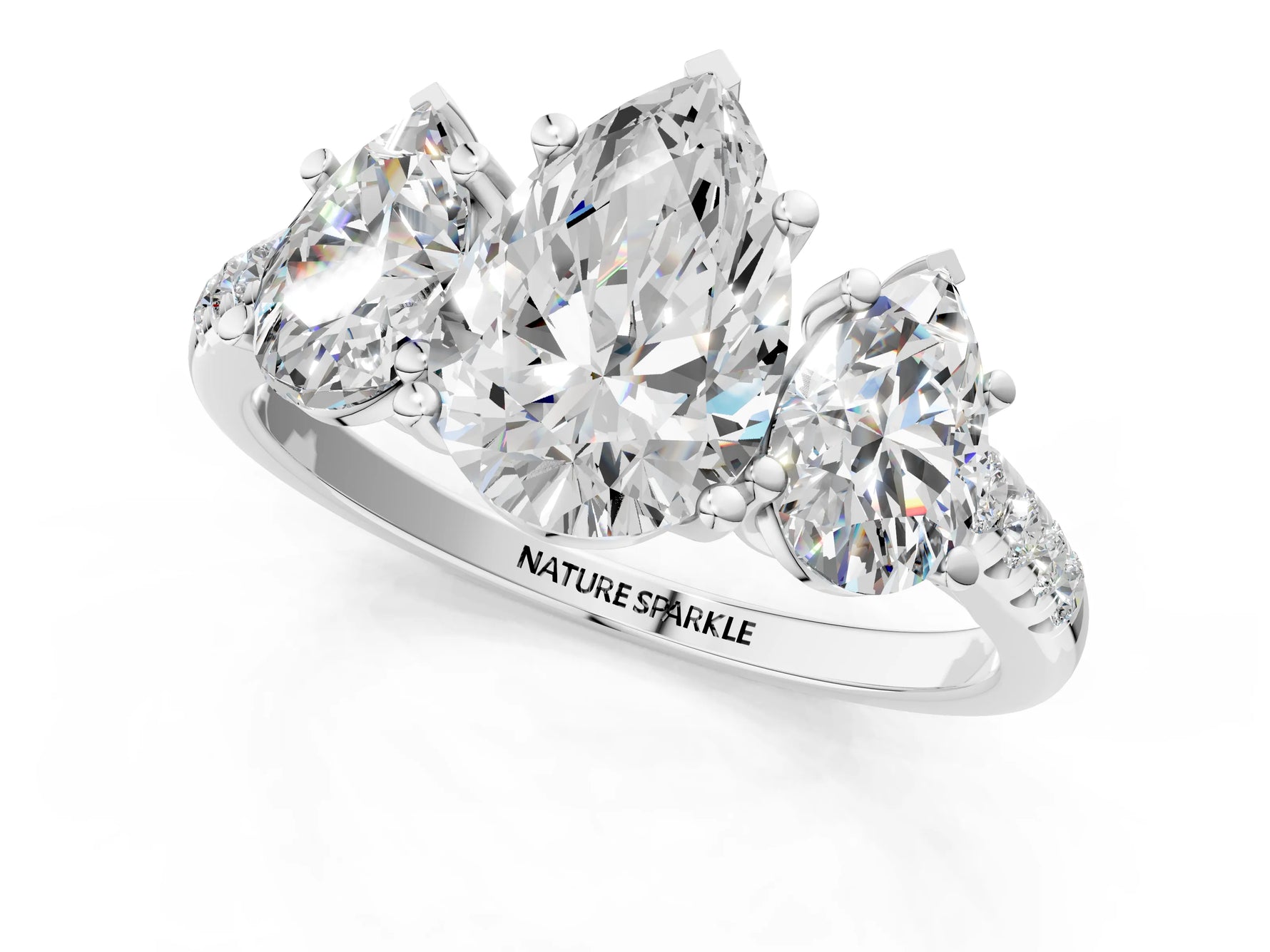 Pear Cut Diamond Trellis Three-Stone Engagement Ring in White gold with Round Side Stones_19