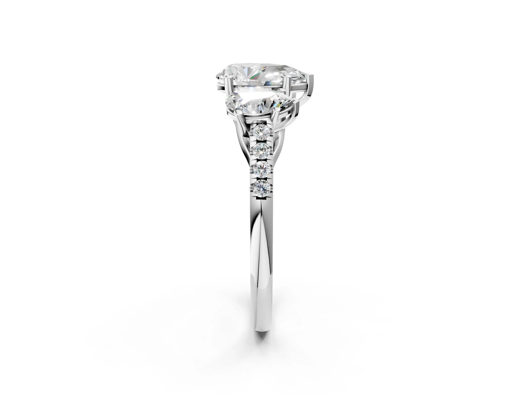 Pear Cut Diamond Trellis Three-Stone Engagement Ring in White gold with Round Side Stones_20