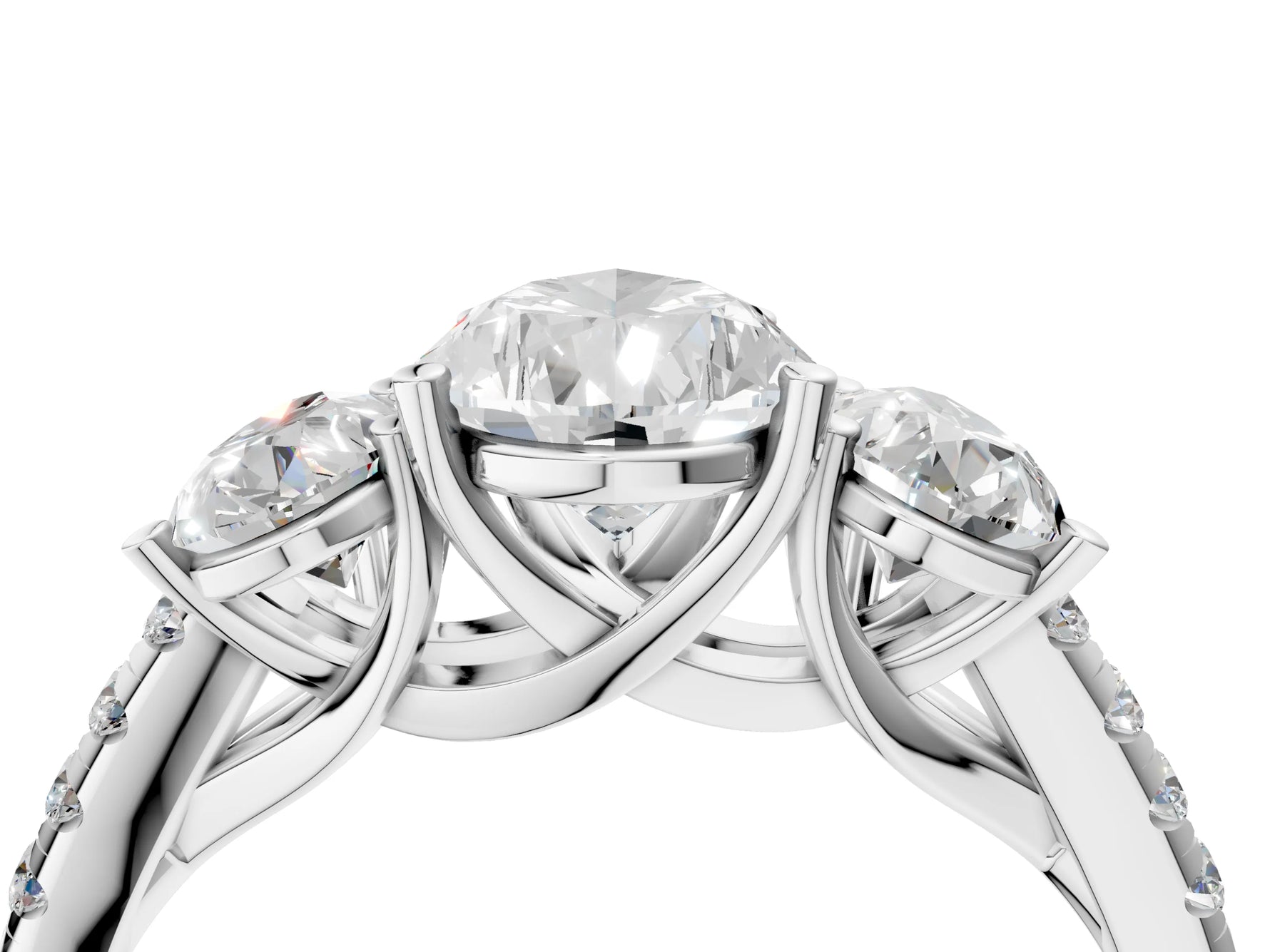 Pear Cut Diamond Trellis Three-Stone Engagement Ring in White gold with Round Side Stones_22