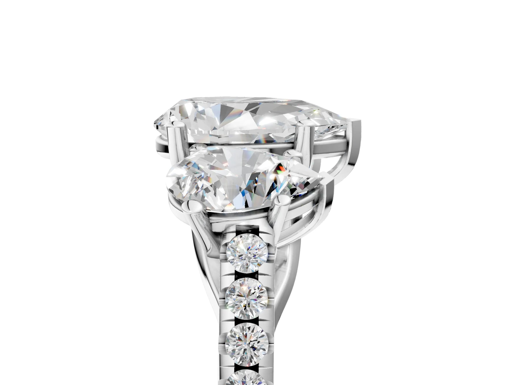 Pear Cut Diamond Trellis Three-Stone Engagement Ring in White gold with Round Side Stones_23