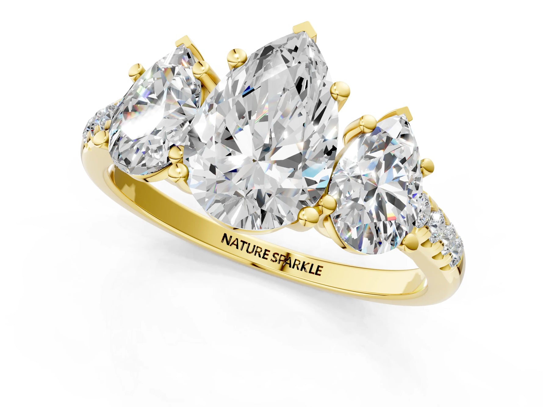 Pear Cut Diamond Trellis Three-Stone Engagement Ring in Yellow gold with Round Side Stones_19