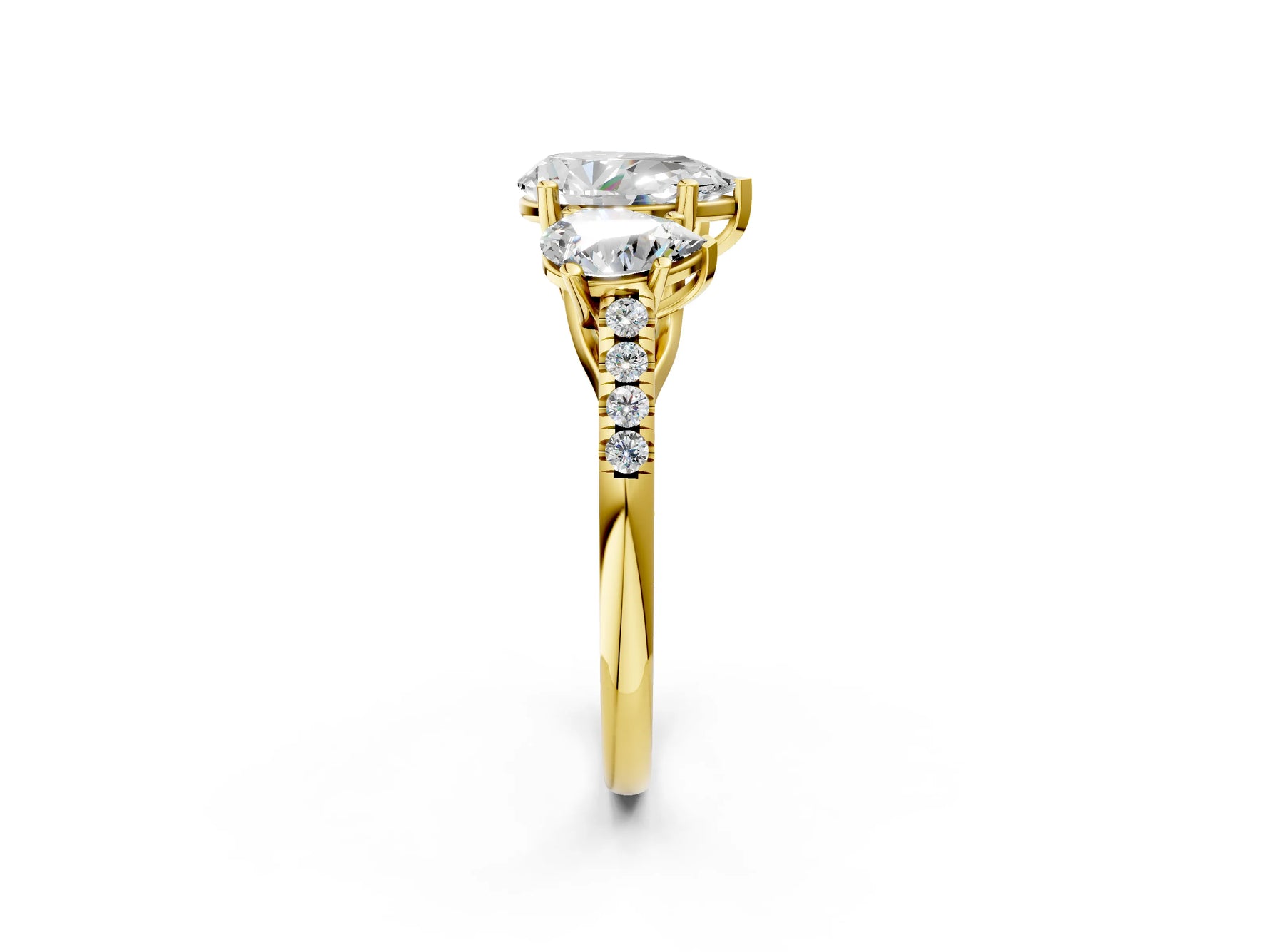Pear Cut Diamond Trellis Three-Stone Engagement Ring in Yellow gold with Round Side Stones_20