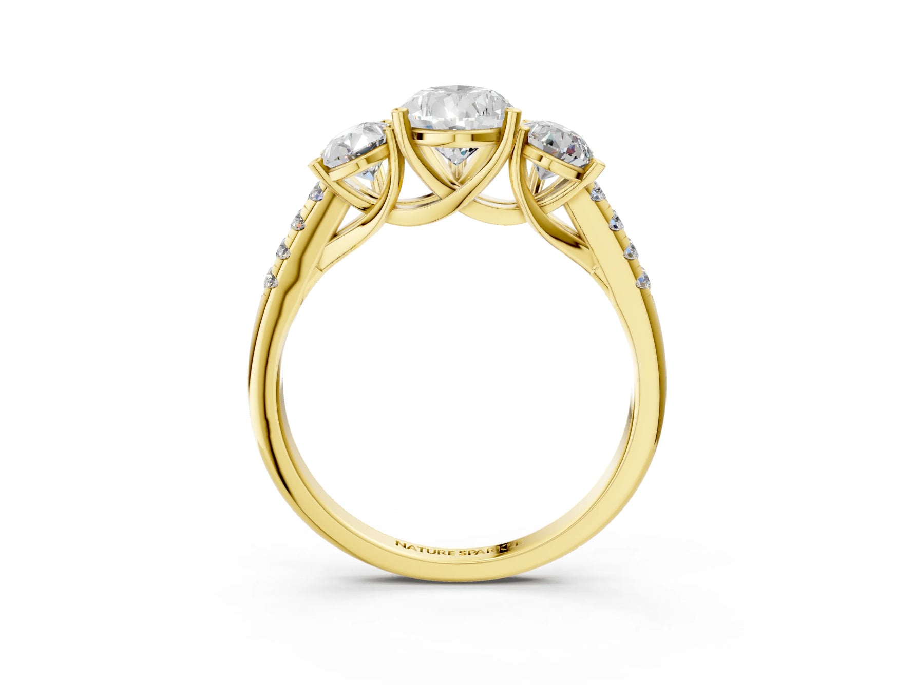 Pear Cut Diamond Trellis Three-Stone Engagement Ring in Yellow gold with Round Side Stones_21
