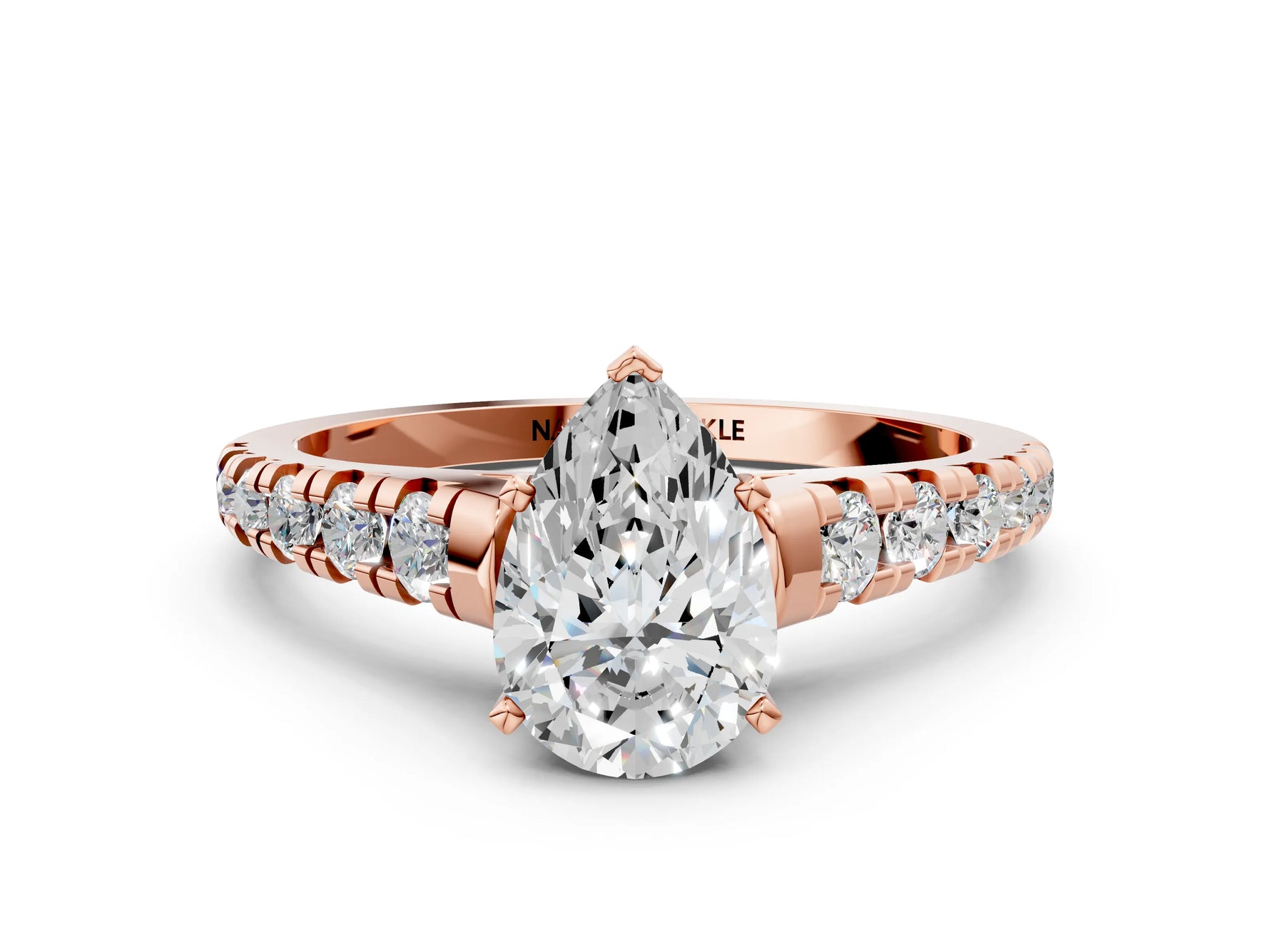 Pear Cut Diamond Vintage Scroll Solitaire Ring in Rose gold with Graduated Round Side Stones_12