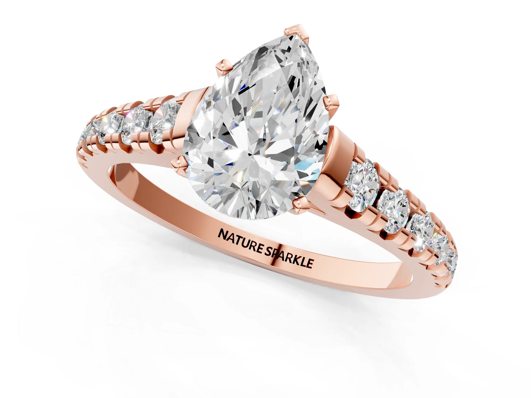 Pear Cut Diamond Vintage Scroll Solitaire Ring in Rose gold with Graduated Round Side Stones_13