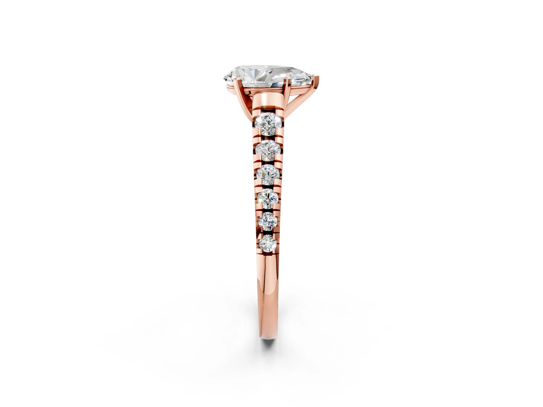 Pear Cut Diamond Vintage Scroll Solitaire Ring in Rose gold with Graduated Round Side Stones_14