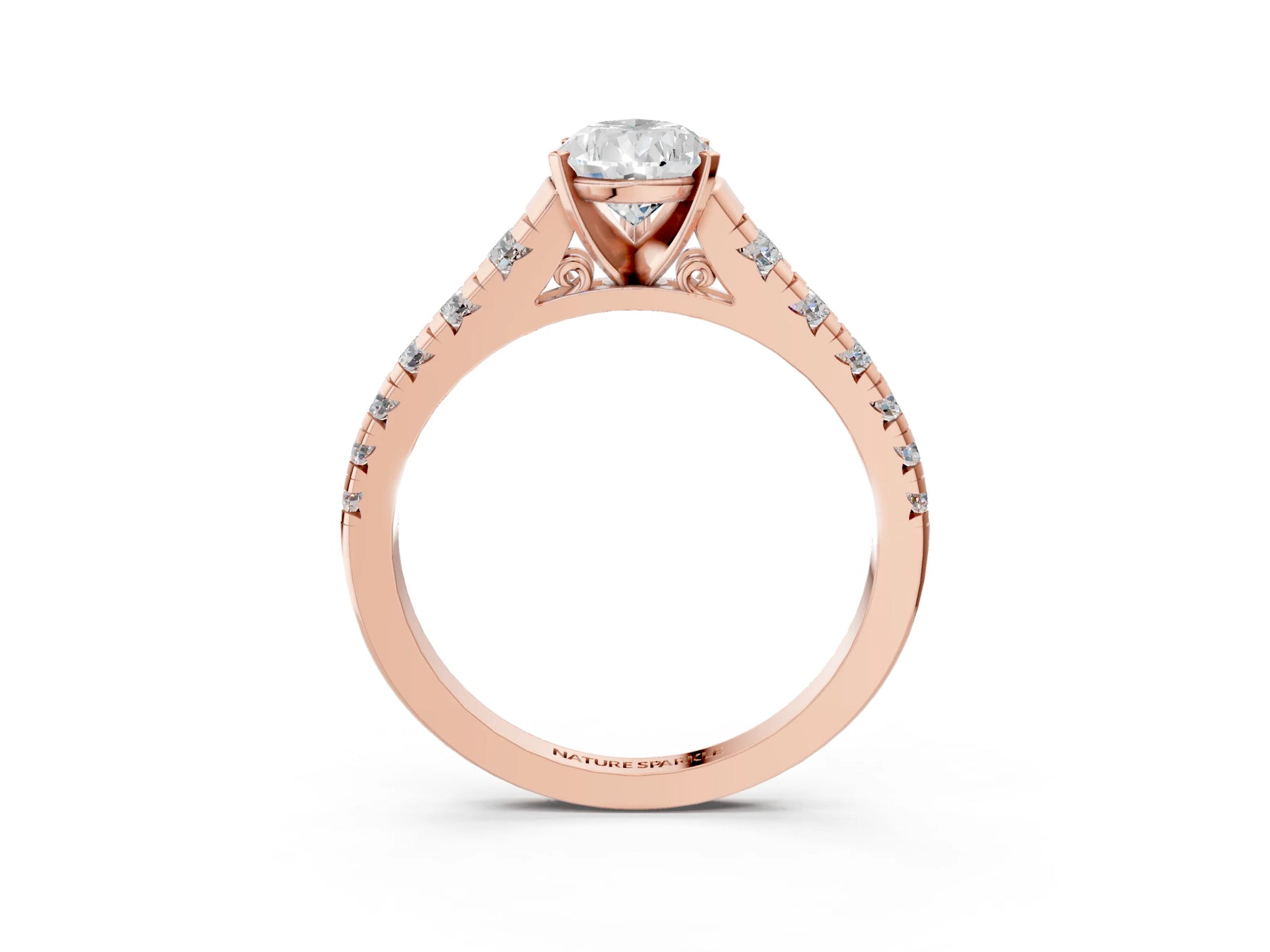 Pear Cut Diamond Vintage Scroll Solitaire Ring in Rose gold with Graduated Round Side Stones_15