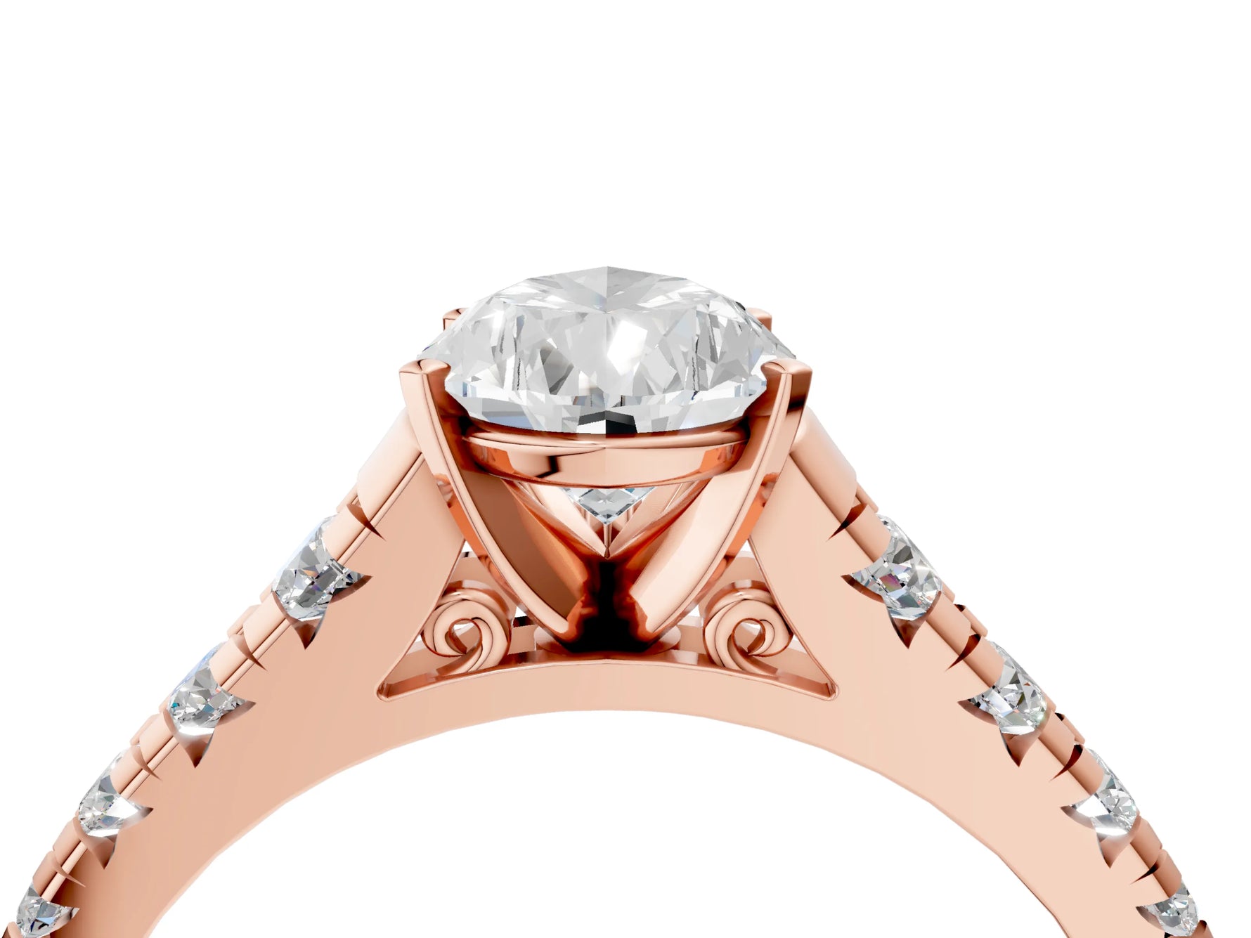 Pear Cut Diamond Vintage Scroll Solitaire Ring in Rose gold with Graduated Round Side Stones_16