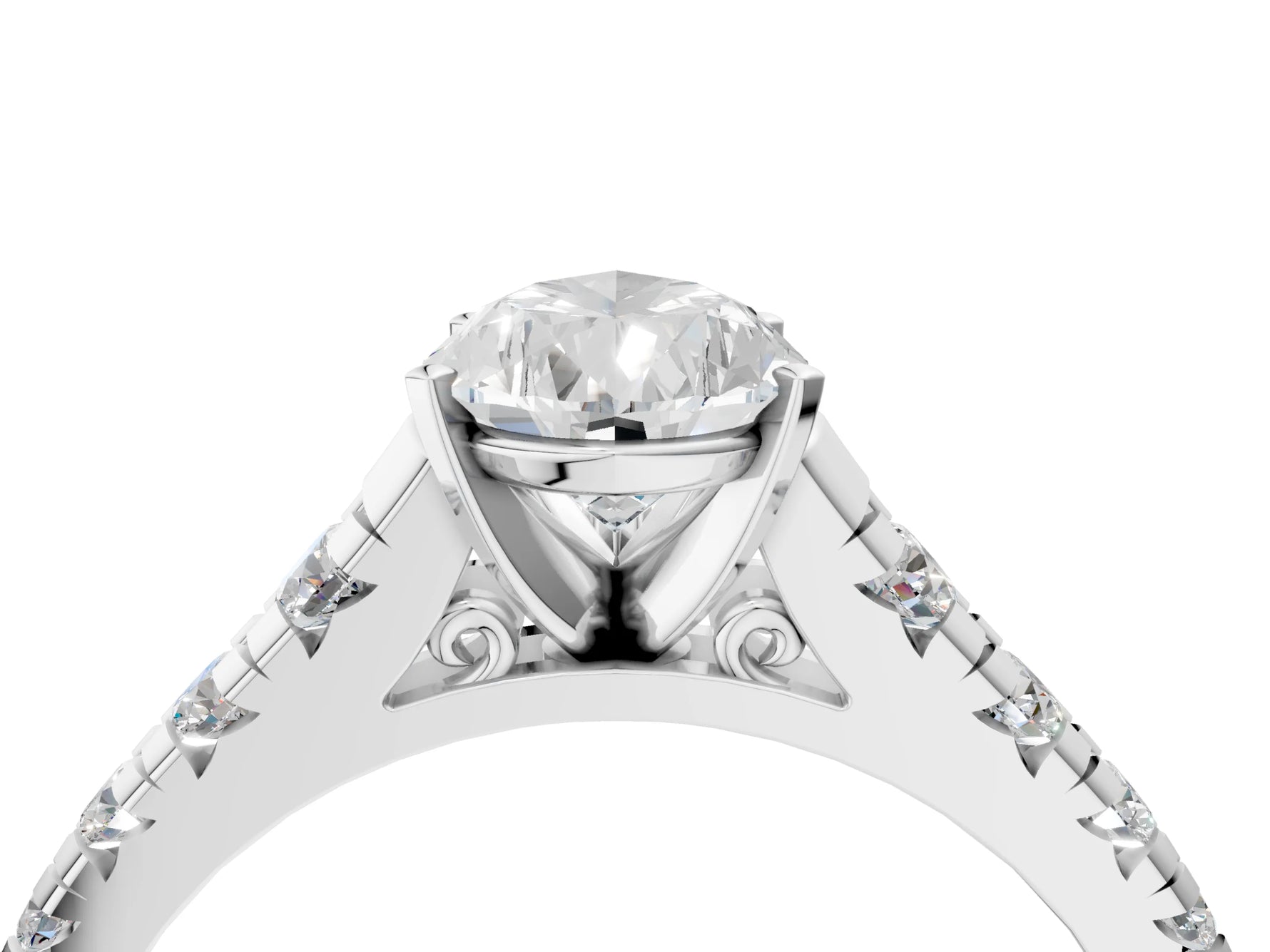 Pear Cut Diamond Vintage Scroll Solitaire Ring in White gold with Graduated Round Side Stones_10