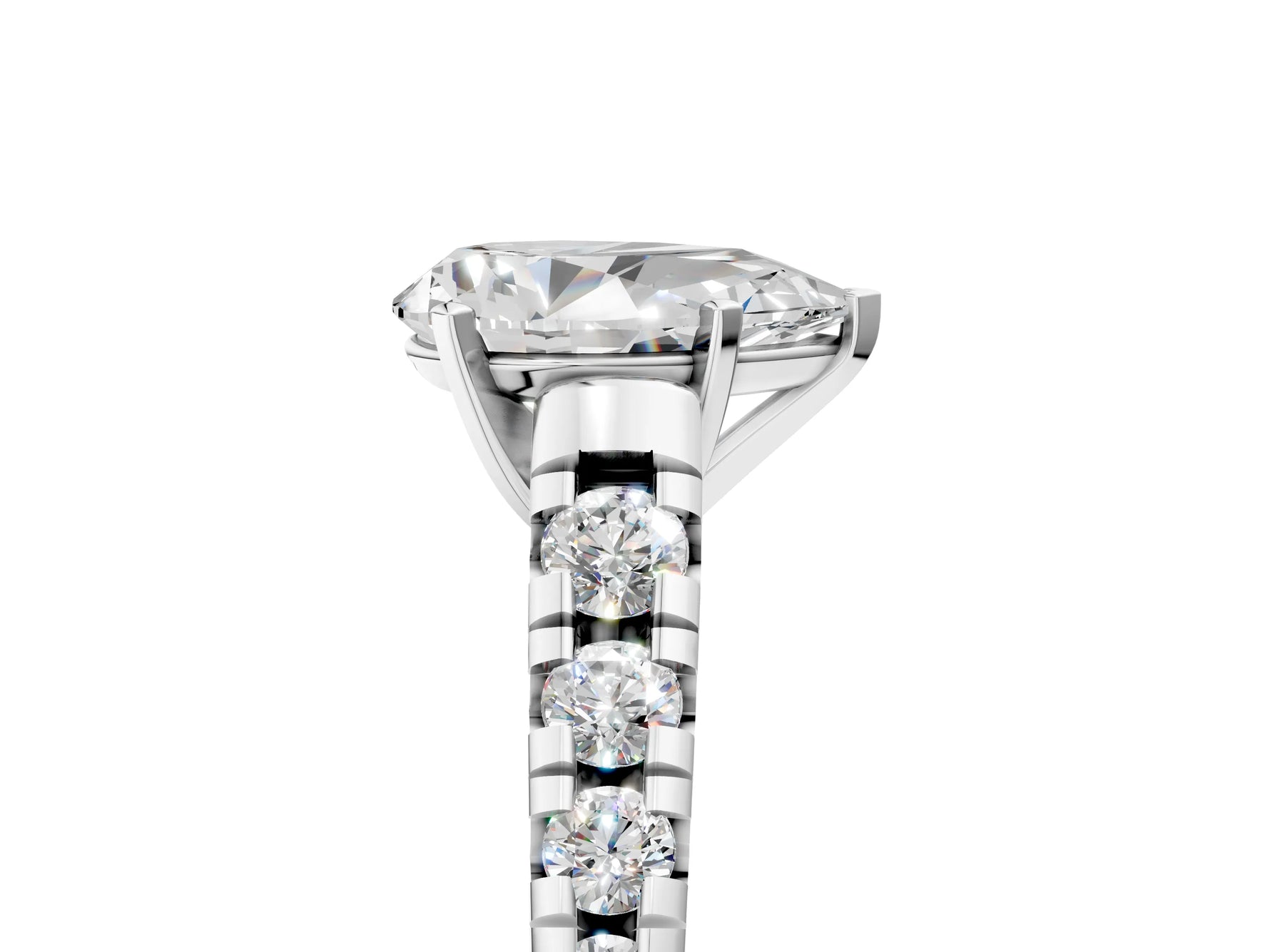 Pear Cut Diamond Vintage Scroll Solitaire Ring in White gold with Graduated Round Side Stones_11