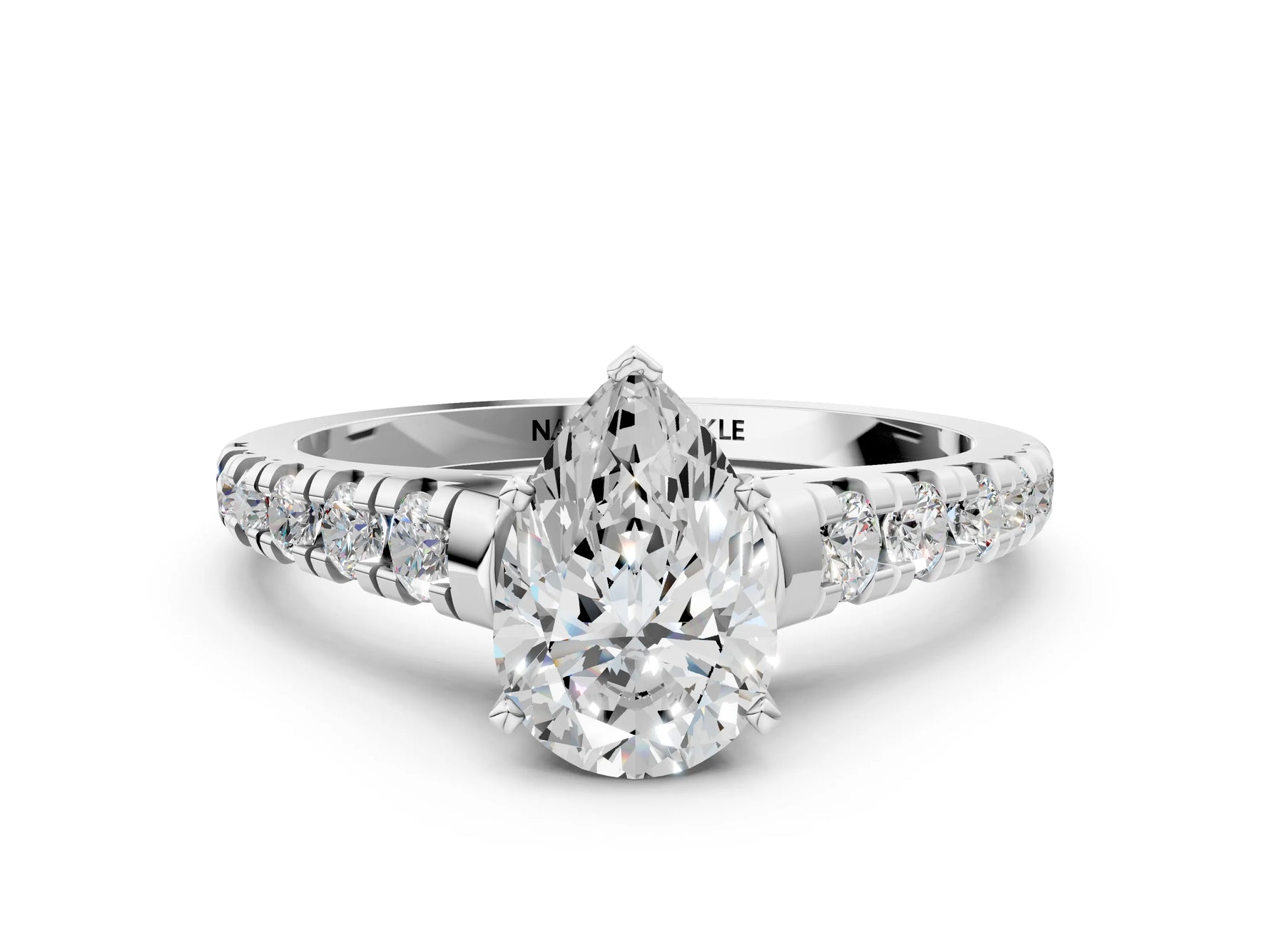 Pear Cut Diamond Vintage Scroll Solitaire Ring in White gold with Graduated Round Side Stones_6