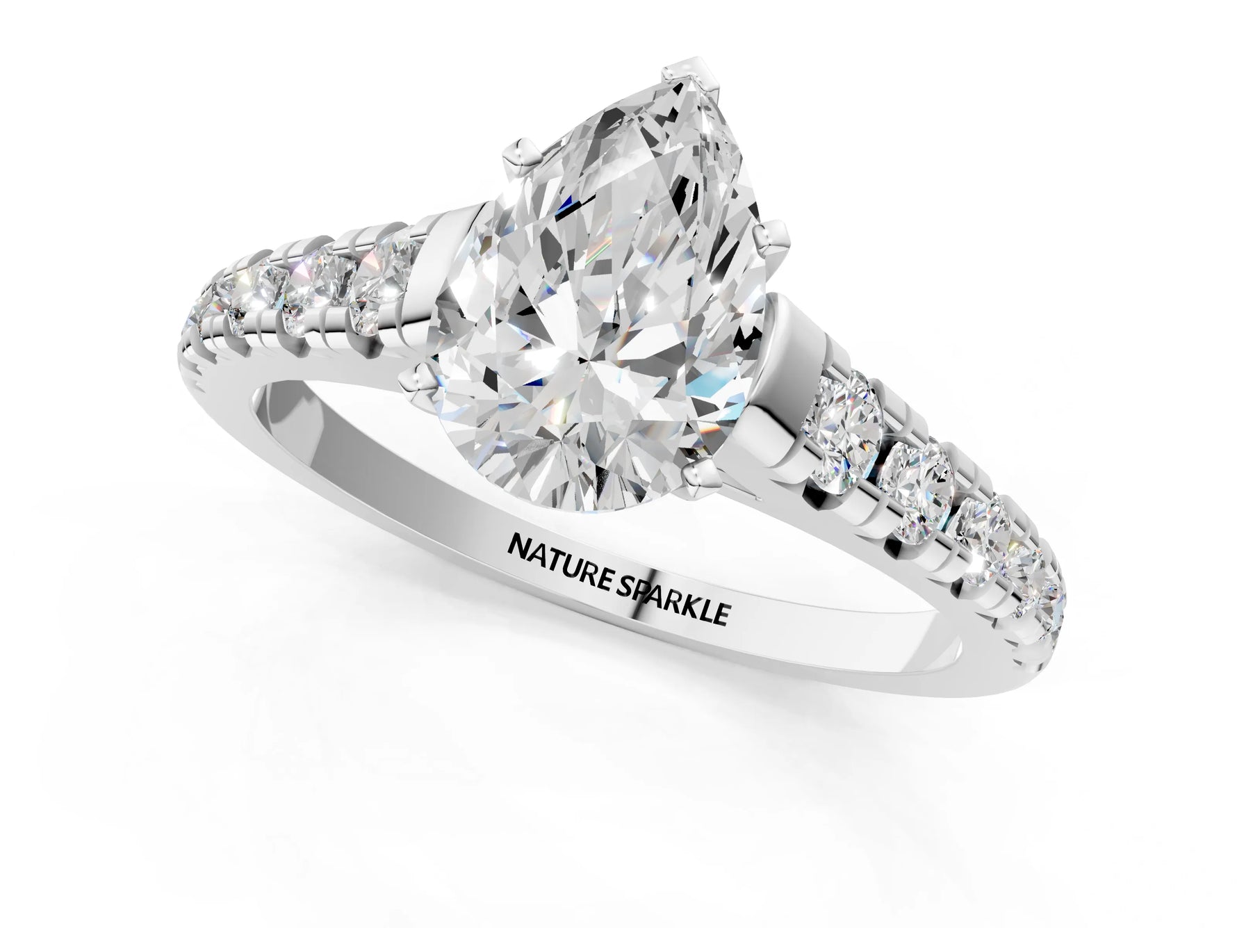 Pear Cut Diamond Vintage Scroll Solitaire Ring in White gold with Graduated Round Side Stones_7