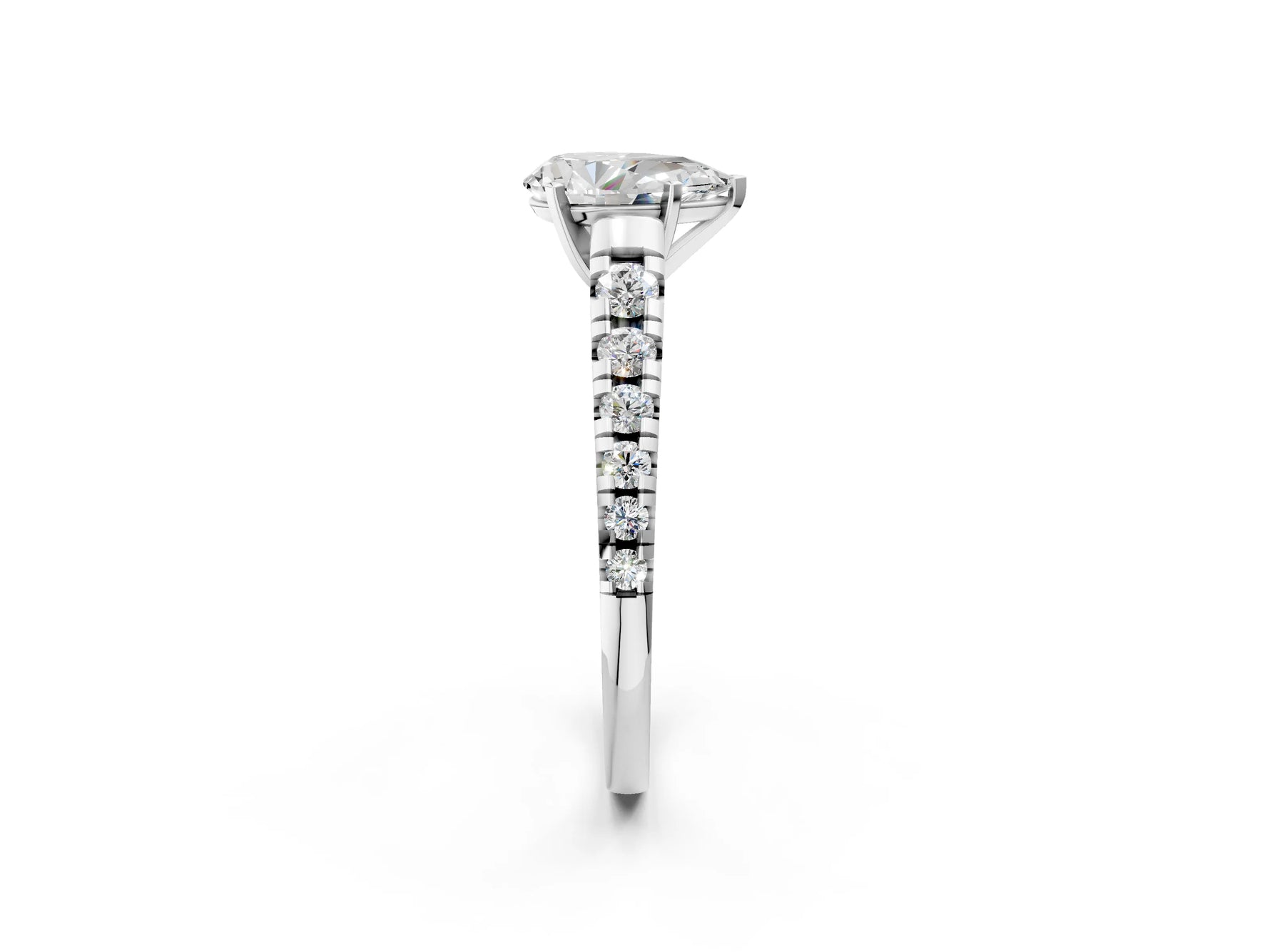 Pear Cut Diamond Vintage Scroll Solitaire Ring in White gold with Graduated Round Side Stones_8