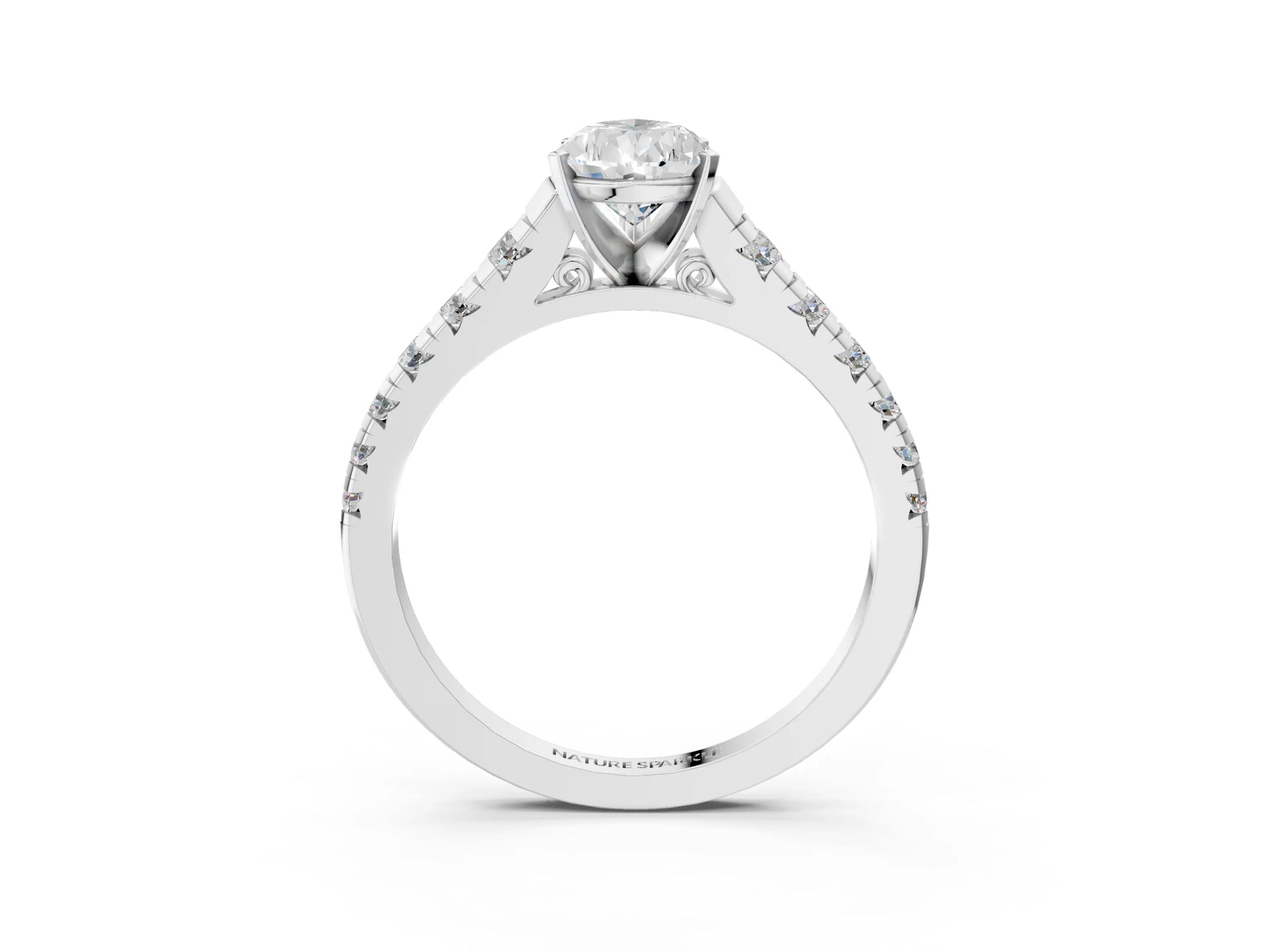 Pear Cut Diamond Vintage Scroll Solitaire Ring in White gold with Graduated Round Side Stones_9