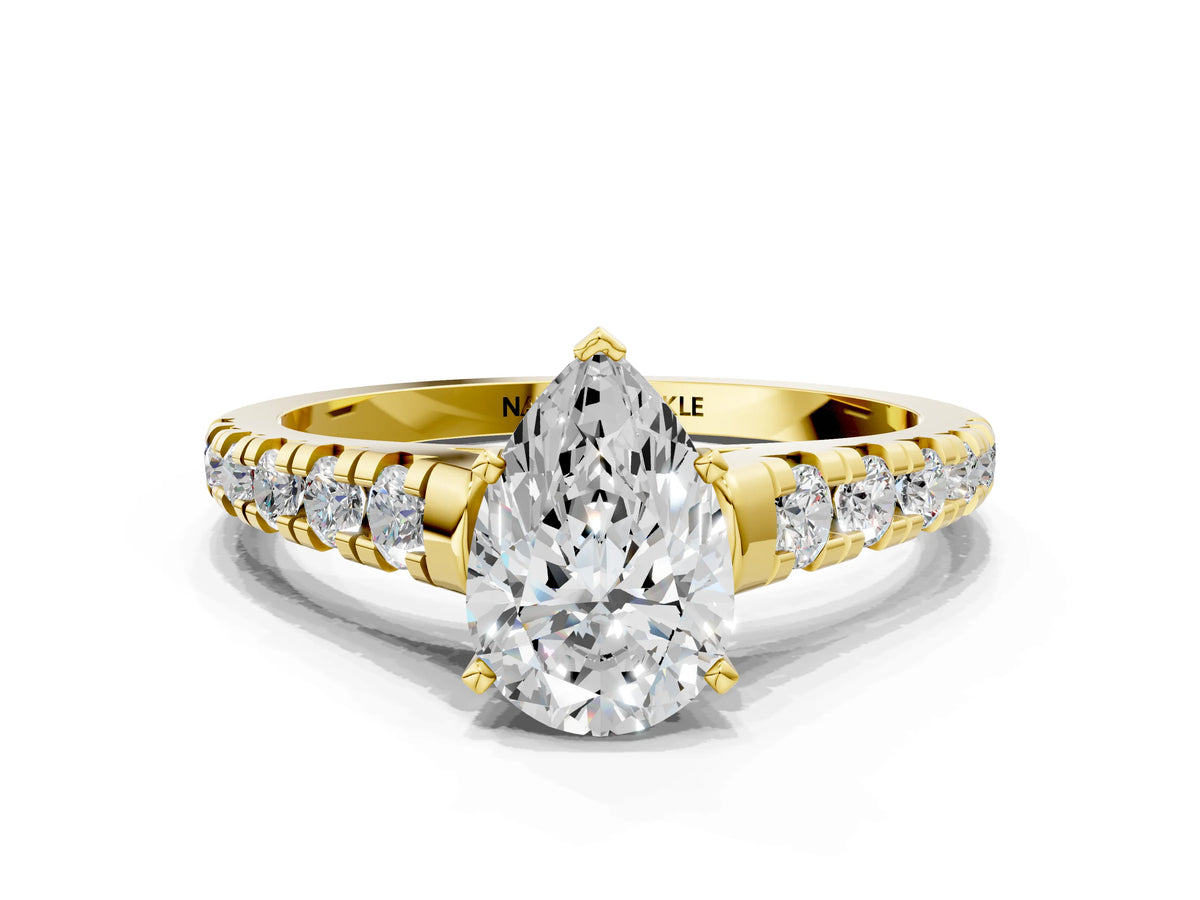 Pear Cut Diamond Vintage Scroll Solitaire Ring in Yellow gold with Graduated Round Side Stones_24
