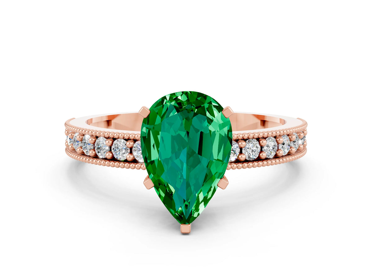 Pear Cut Emerald Milgrain Pavé Engagement Ring in Rose gold with Prong Setting