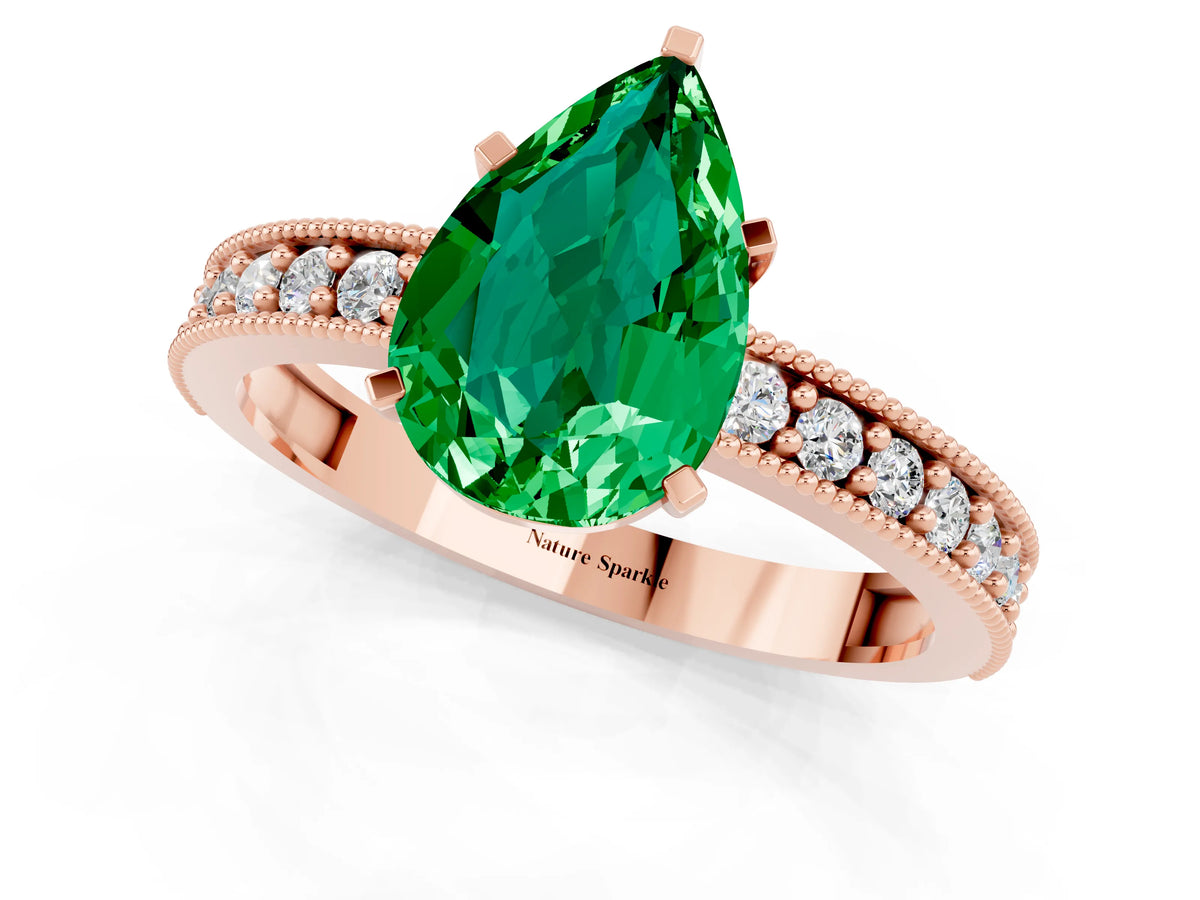 Pear Cut Emerald Milgrain Pavé Engagement Ring in Rose gold with Prong Setting_1