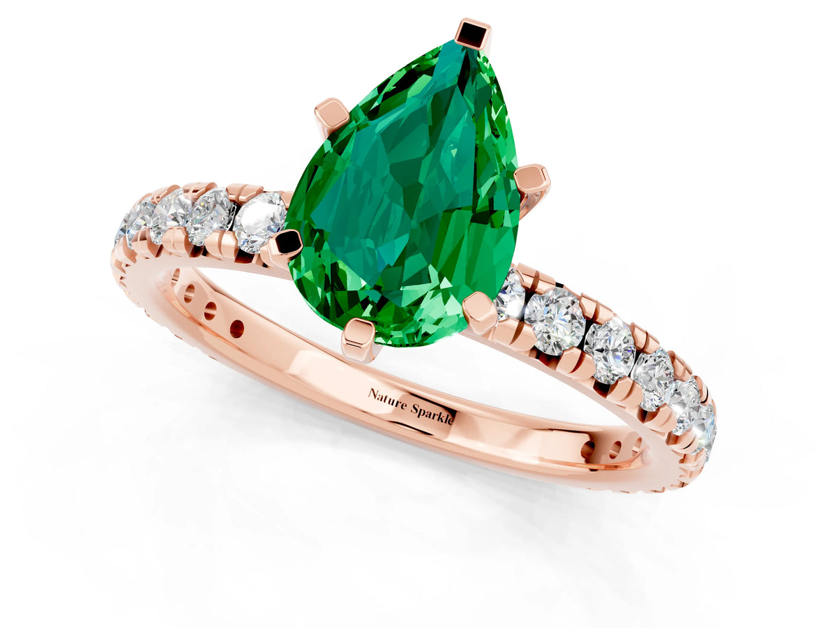 Pear Cut Emerald Pavé Solitaire Ring in Rose gold with Round Pavé Band and Prong Setting_1