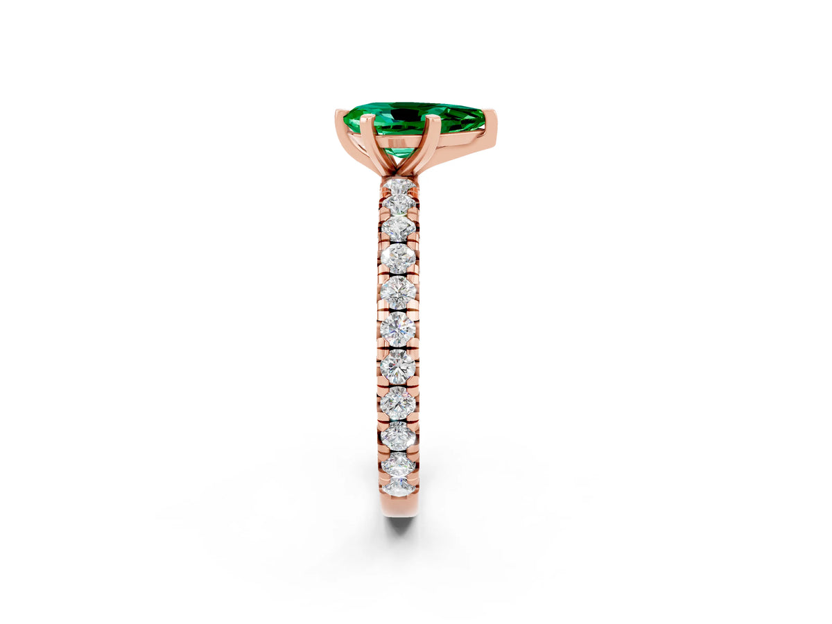 Pear Cut Emerald Pavé Solitaire Ring in Rose gold with Round Pavé Band and Prong Setting_2