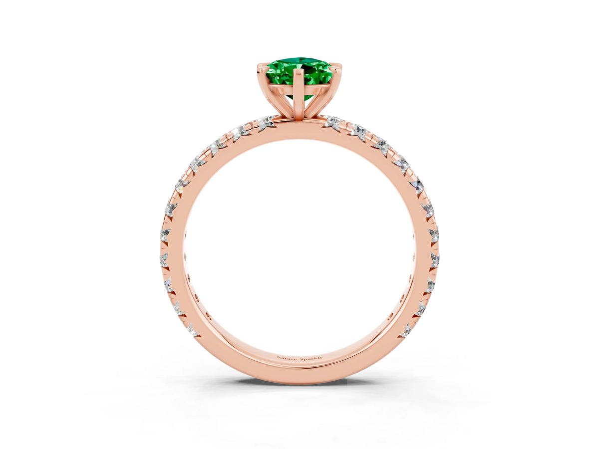Pear Cut Emerald Pavé Solitaire Ring in Rose gold with Round Pavé Band and Prong Setting_3