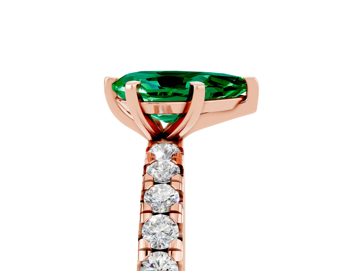 Pear Cut Emerald Pavé Solitaire Ring in Rose gold with Round Pavé Band and Prong Setting_5
