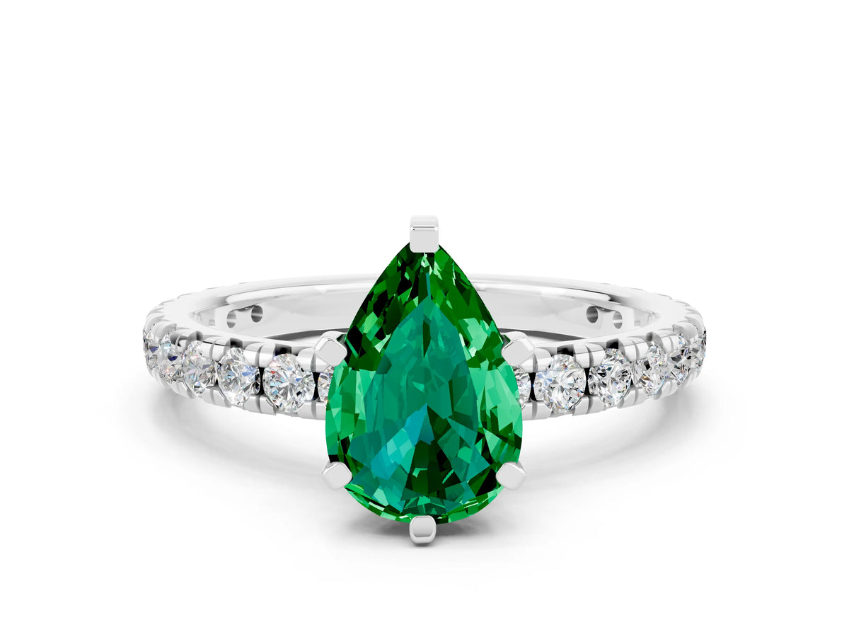 Pear Cut Emerald Pavé Solitaire Ring in White gold with Round Pavé Band and Prong Setting