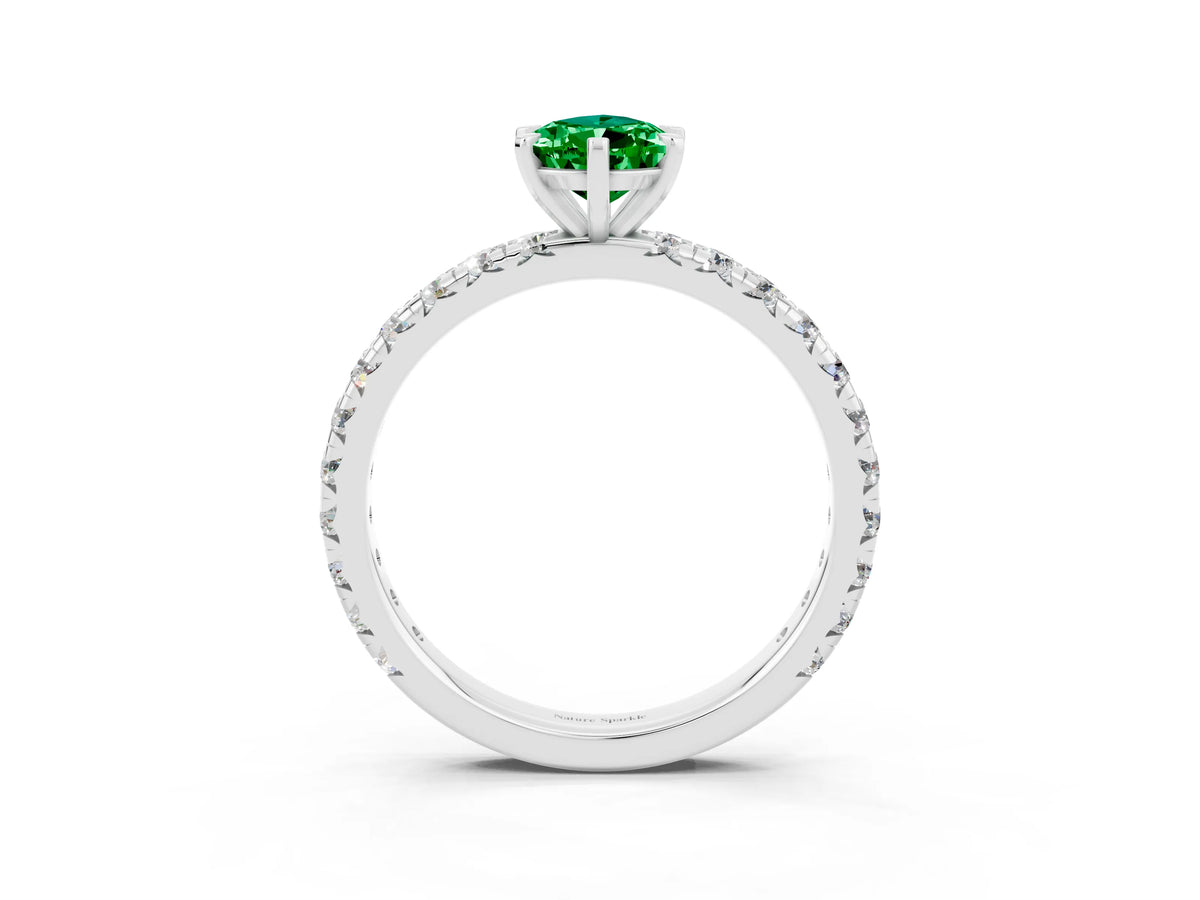 Pear Cut Emerald Pavé Solitaire Ring in White gold with Round Pavé Band and Prong Setting_3