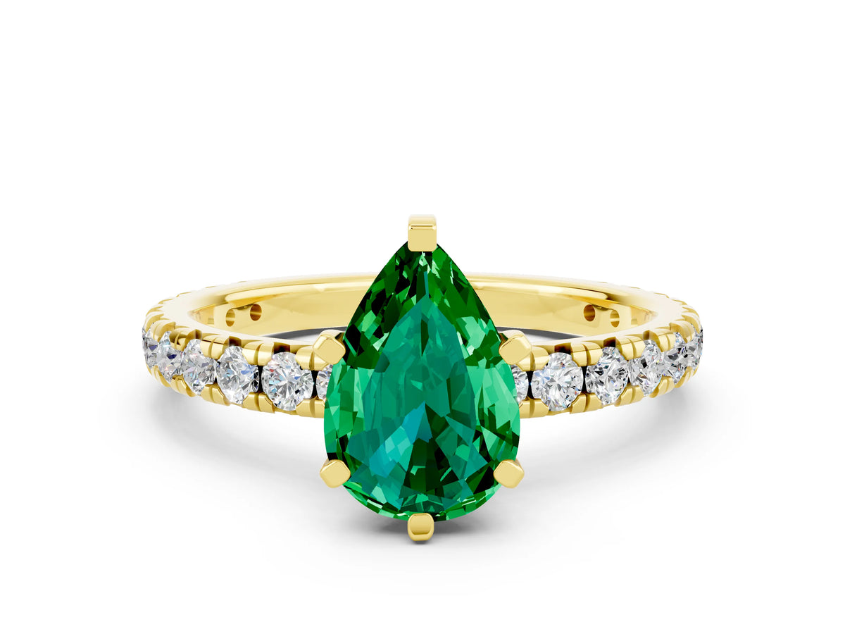 Pear Cut Emerald Pavé Solitaire Ring in Yellow gold with Round Pavé Band and Prong Setting
