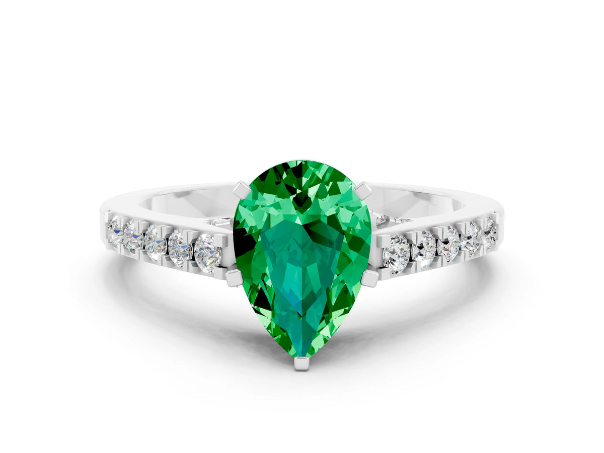 Pear Cut Emerald Solitaire Ring in Platinum with Crossover Gallery and Round Pavé Band