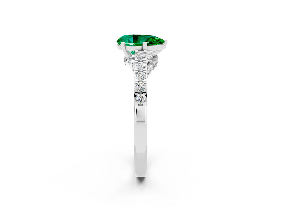 Pear Cut Emerald Solitaire Ring in Platinum with Crossover Gallery and Round Pavé Band_2