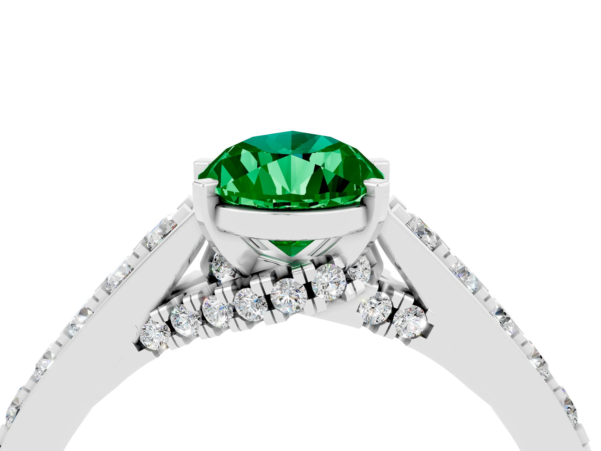 Pear Cut Emerald Solitaire Ring in Platinum with Crossover Gallery and Round Pavé Band_4
