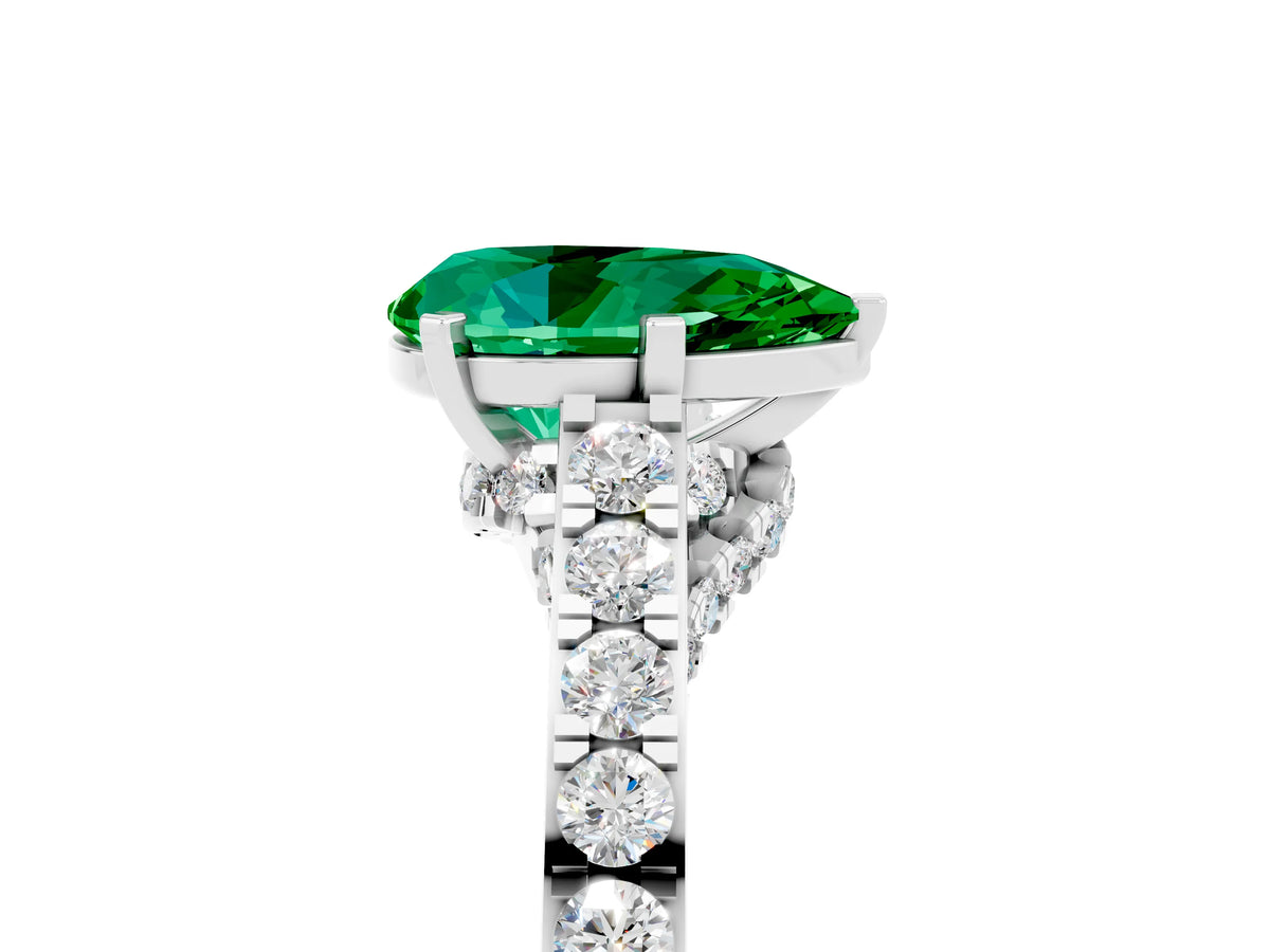 Pear Cut Emerald Solitaire Ring in Platinum with Crossover Gallery and Round Pavé Band_5