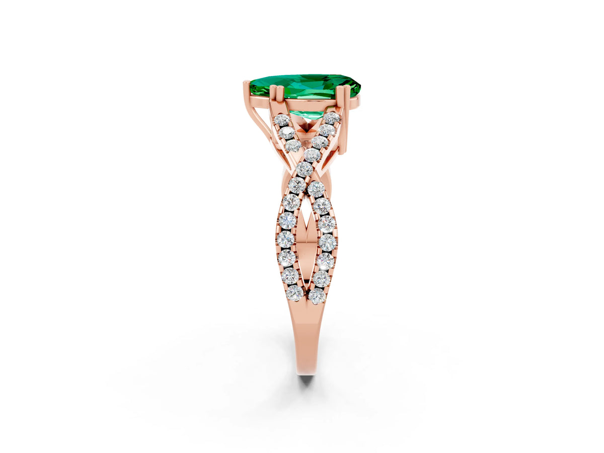 Pear Cut Emerald Solitaire Ring in Rose gold with Interwoven Pavé Band and Prong Setting_2