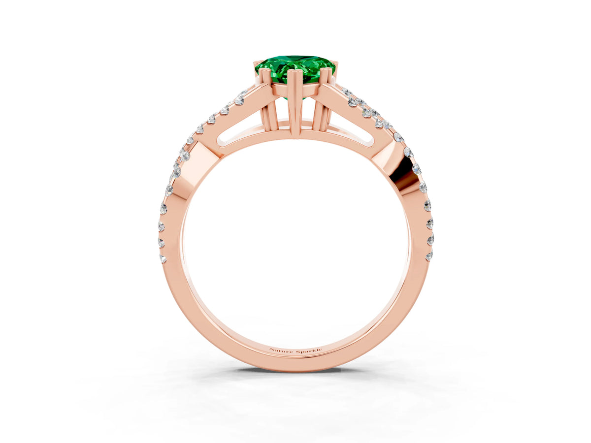 Pear Cut Emerald Solitaire Ring in Rose gold with Interwoven Pavé Band and Prong Setting_3
