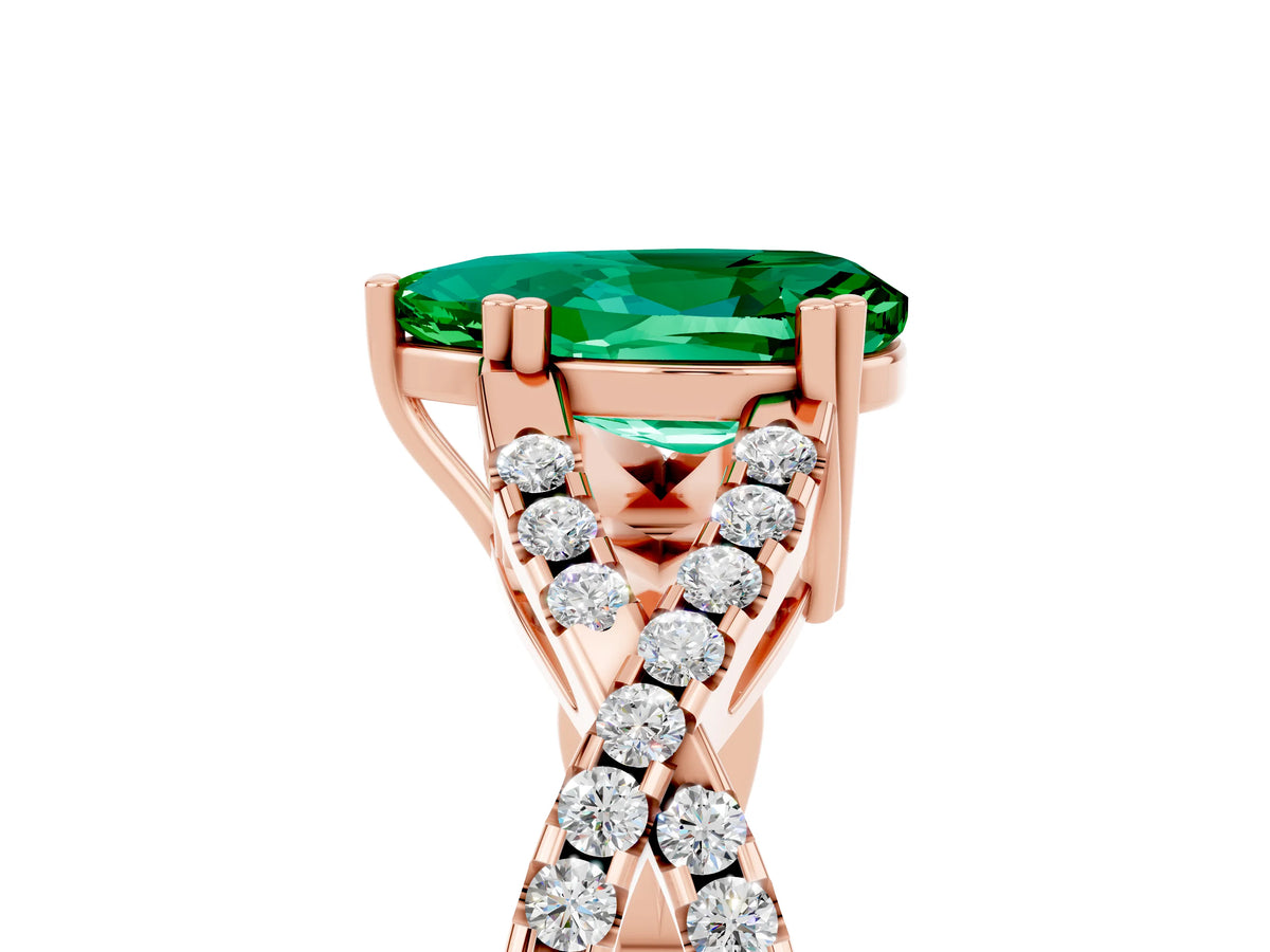 Pear Cut Emerald Solitaire Ring in Rose gold with Interwoven Pavé Band and Prong Setting_5