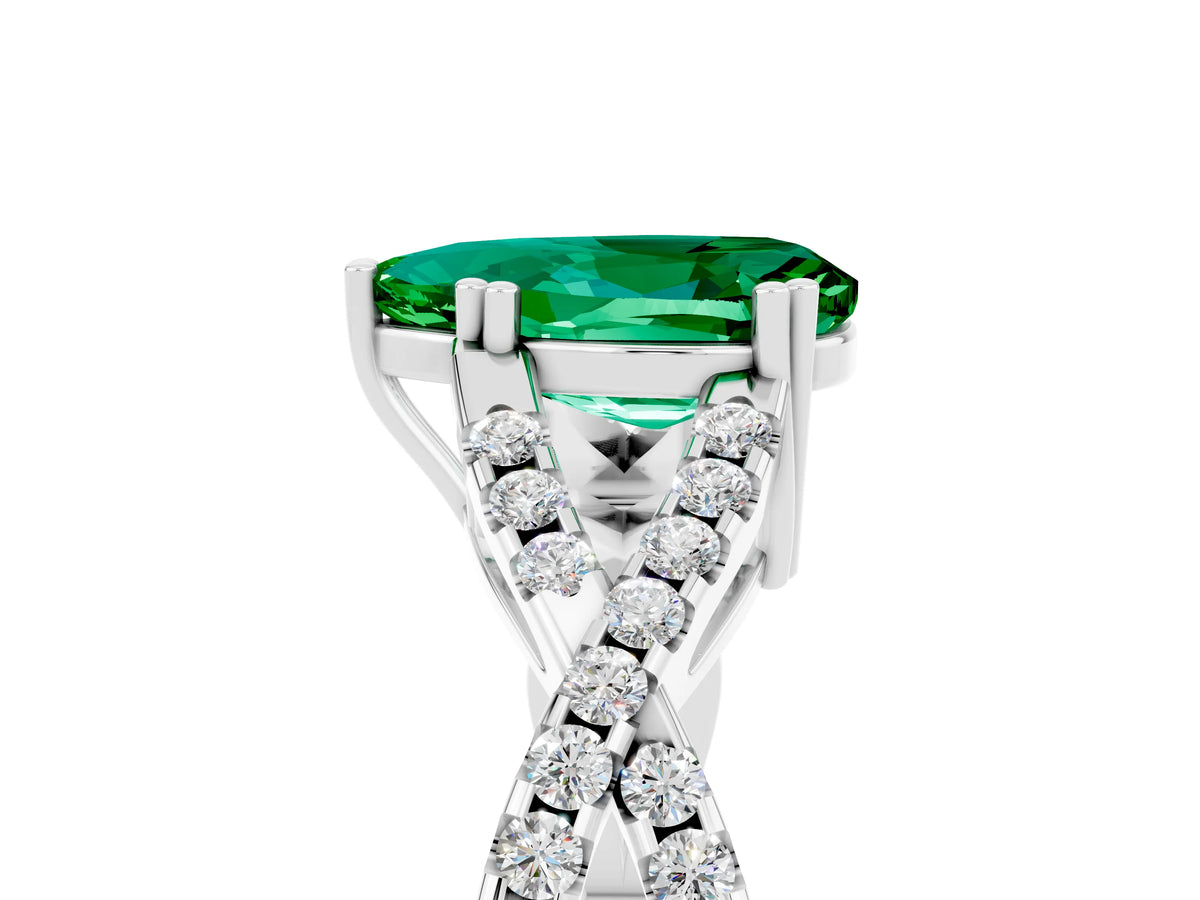 Pear Cut Emerald Solitaire Ring in White gold with Interwoven Pavé Band and Prong Setting_5