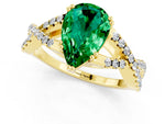 Pear Cut Emerald Solitaire Ring in Yellow gold with Interwoven Pavé Band and Prong Setting_1