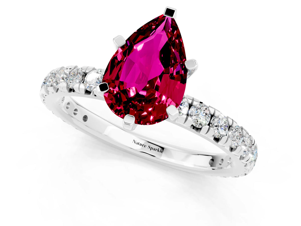 Pear Cut Garnet Pavé Solitaire Ring in Silver with Round Pavé Band and Prong Setting_1
