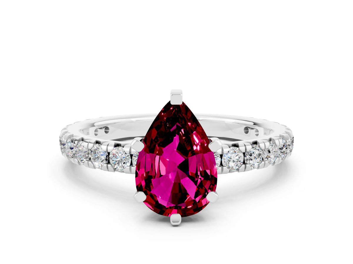 Pear Cut Garnet Pavé Solitaire Ring in White gold with Round Pavé Band and Prong Setting