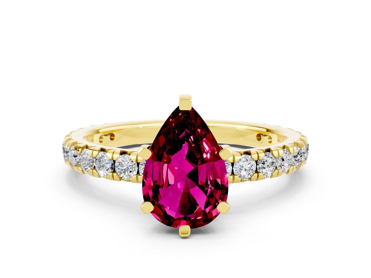 Pear Cut Garnet Pavé Solitaire Ring in Yellow gold with Round Pavé Band and Prong Setting