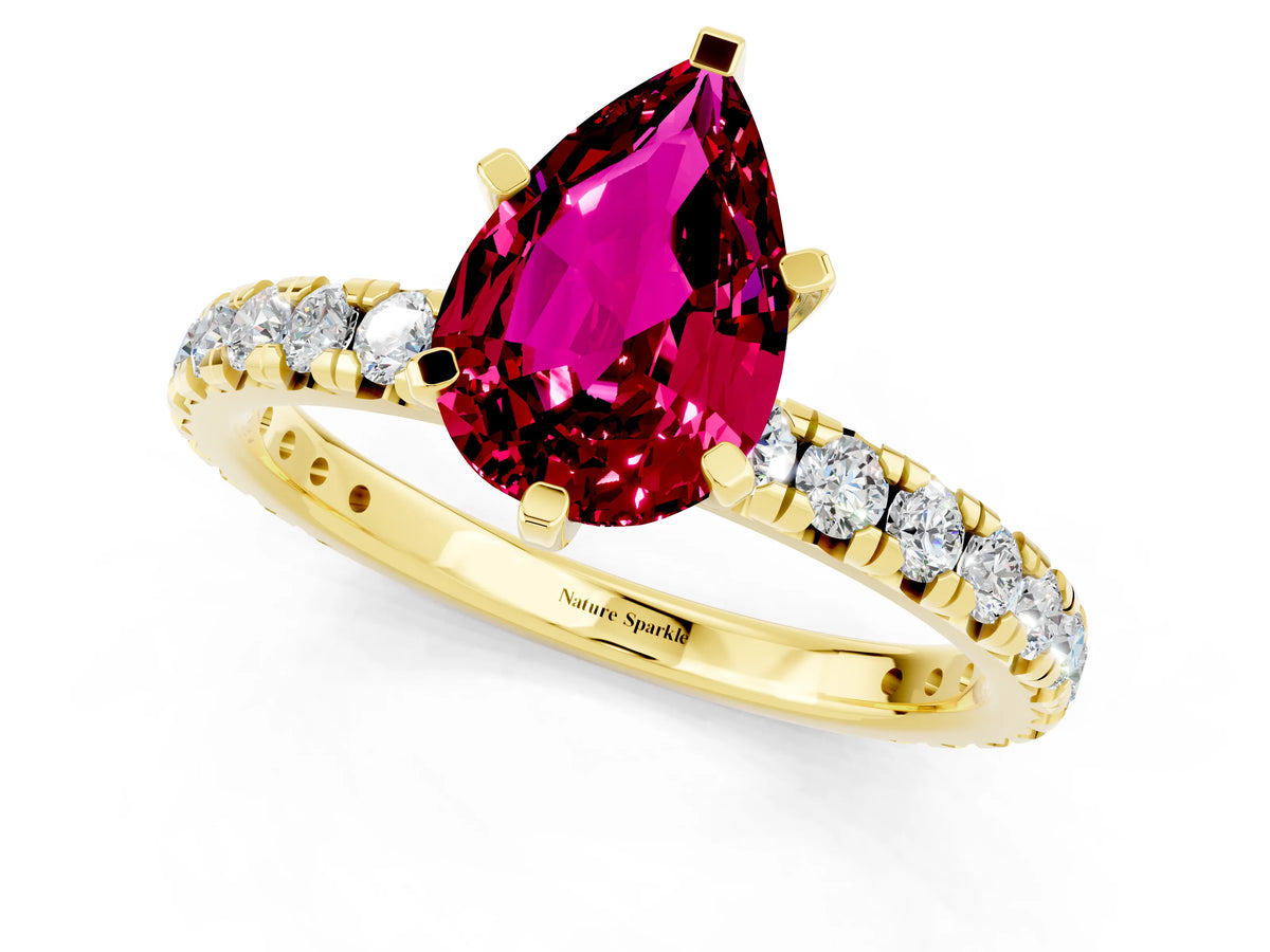 Pear Cut Garnet Pavé Solitaire Ring in Yellow gold with Round Pavé Band and Prong Setting_1