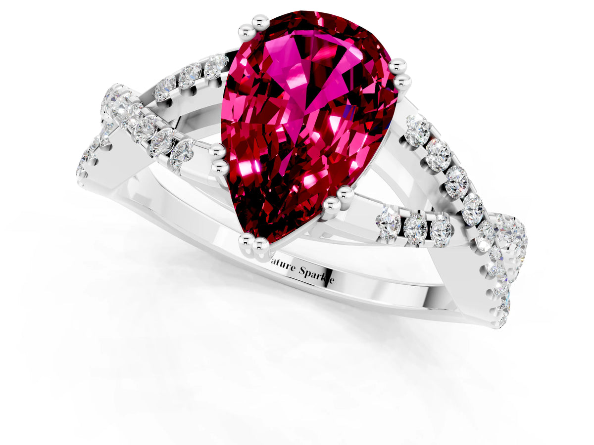 Pear Cut Garnet Solitaire Ring in Platinum with Interwoven Pavé Band and Prong Setting_7