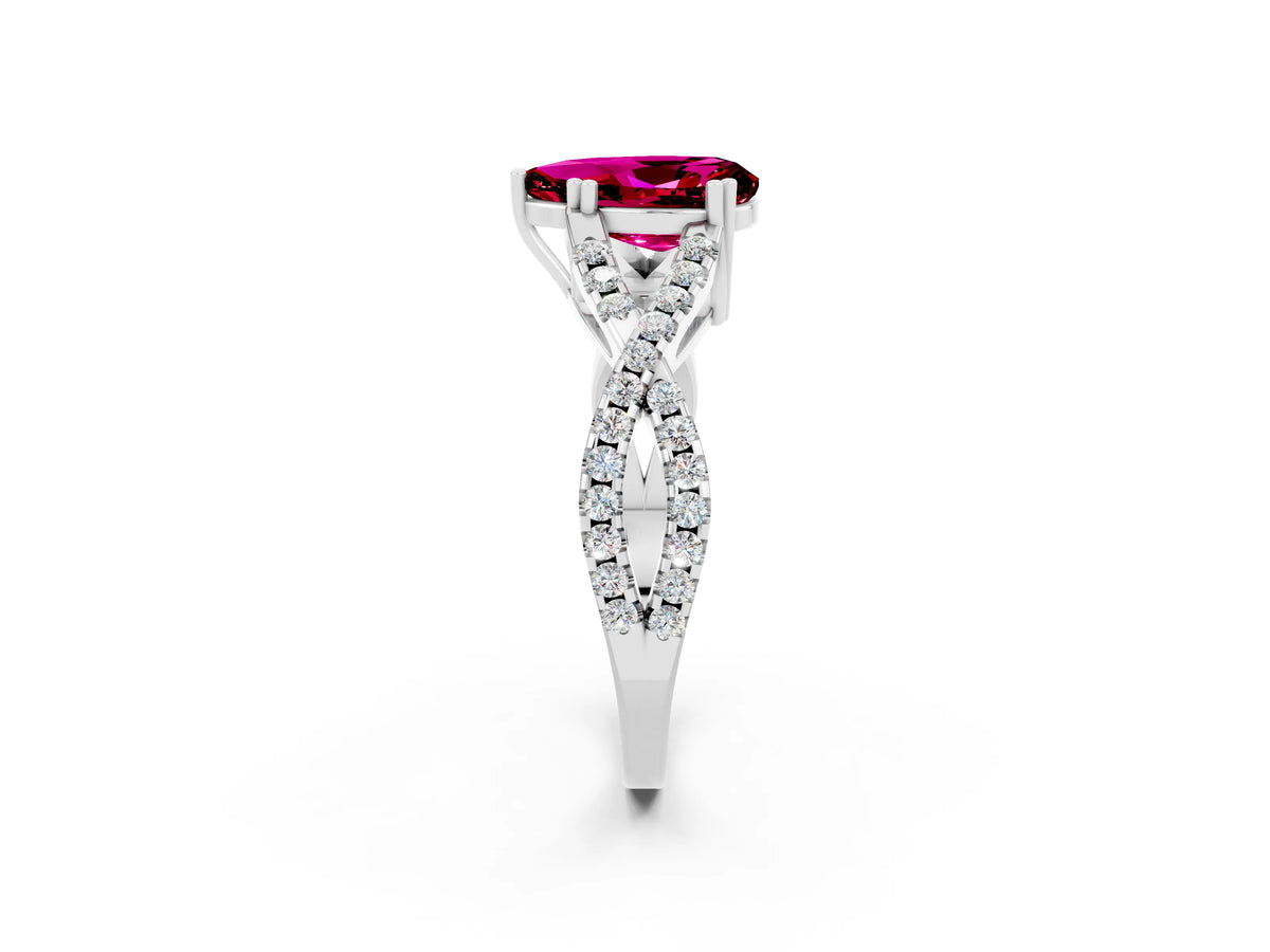 Pear Cut Garnet Solitaire Ring in Platinum with Interwoven Pavé Band and Prong Setting_8