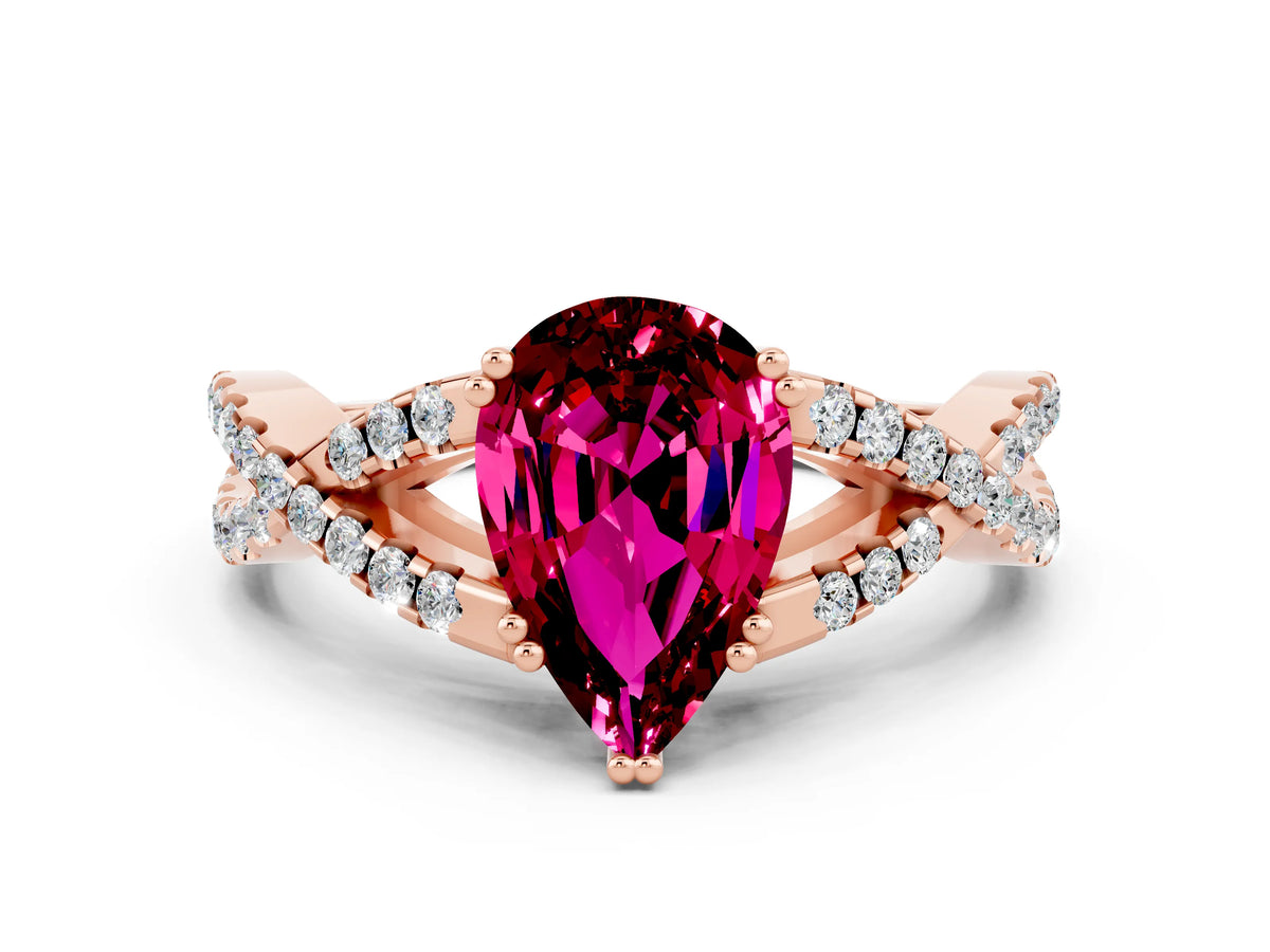 Pear Cut Garnet Solitaire Ring in Rose gold with Interwoven Pavé Band and Prong Setting