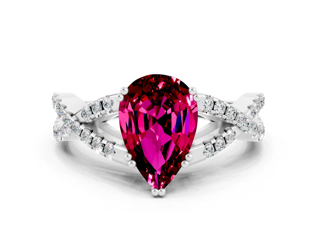 Pear Cut Garnet Solitaire Ring in White gold with Interwoven Pavé Band and Prong Setting
